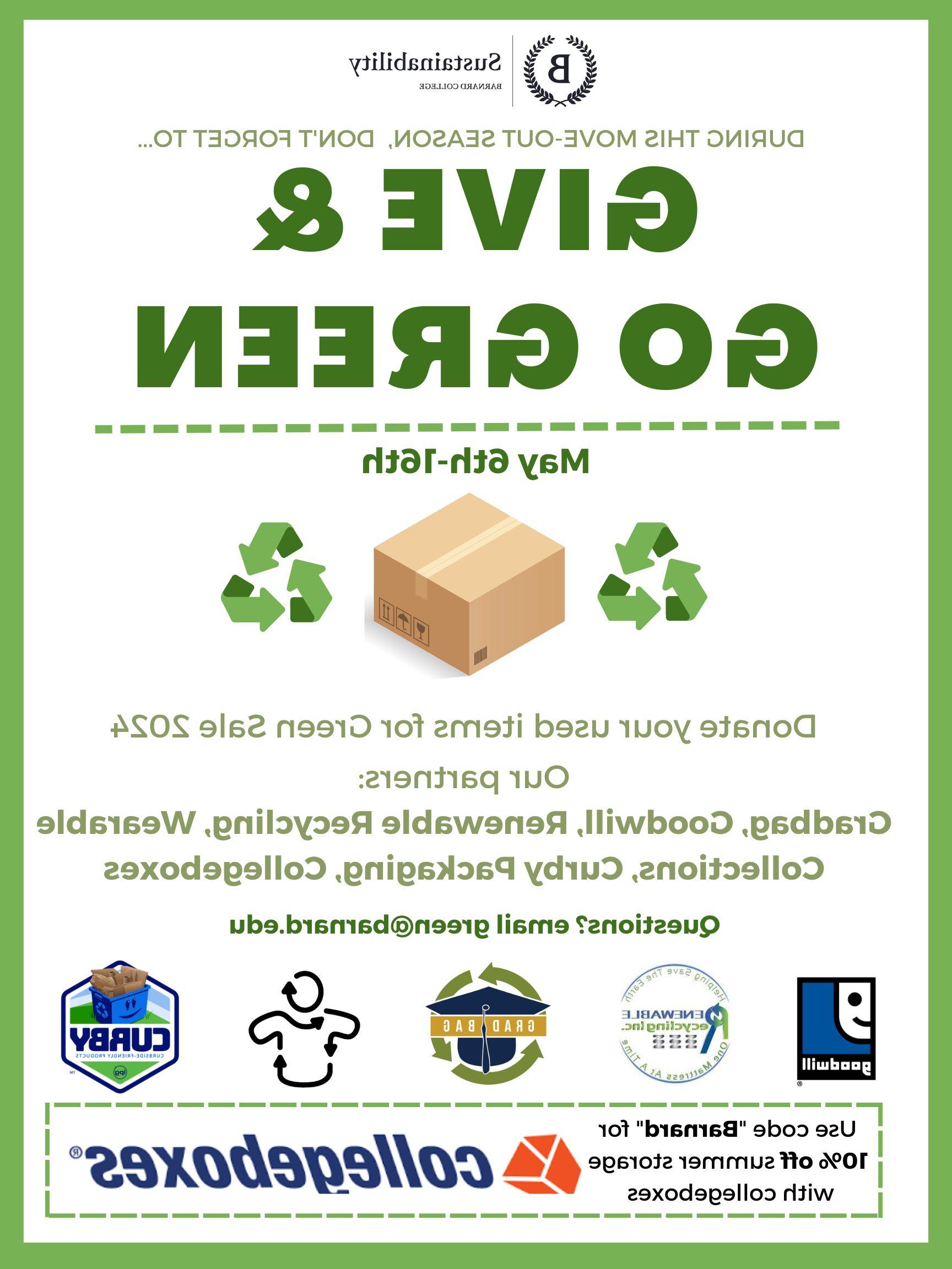 A flyer promoting the give and go green initiative accepting donations from May 6-16